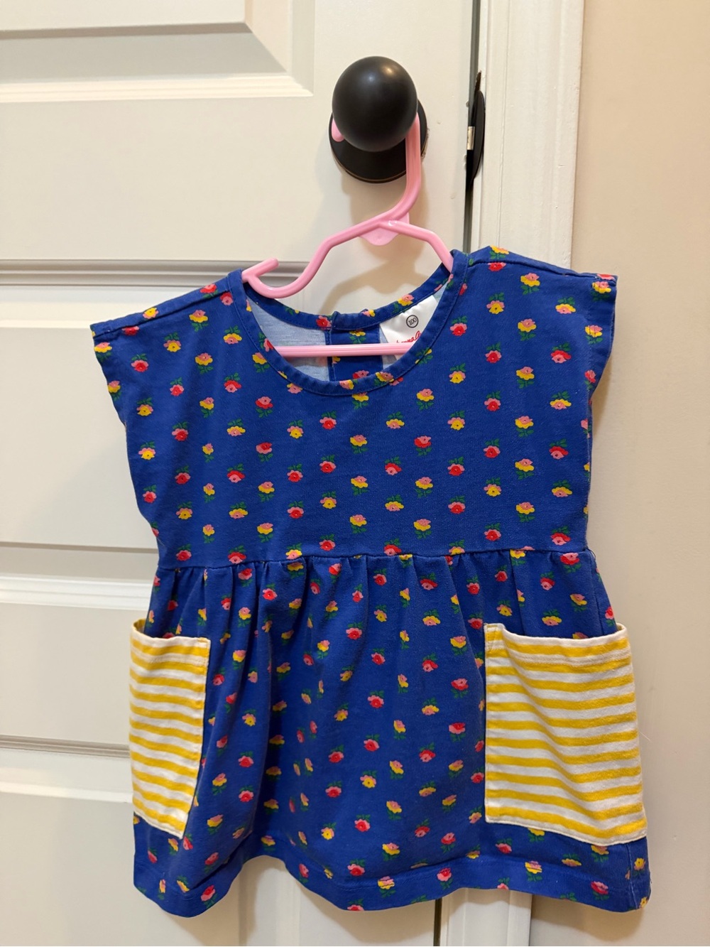 Hanna Andersson 100 / 4t Navy Flower Print Tunic with Yellow Stripe Pockets